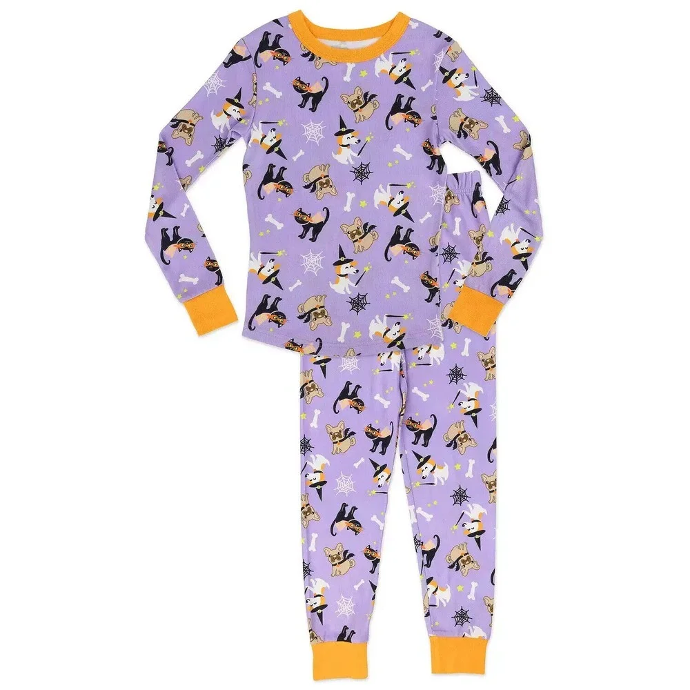 FREE 2 DREAM LITTLE GIRL HALLOWEEN PAJAMA SET Size 4 PURPLE WITH DOG / CAT PRINT